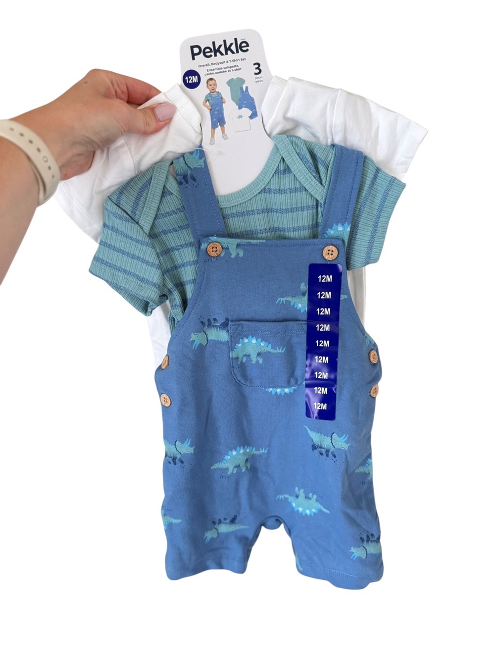 Pekkle Piece Blue Dino Shortall Set with Green Striped Bodysuit 12 Months New